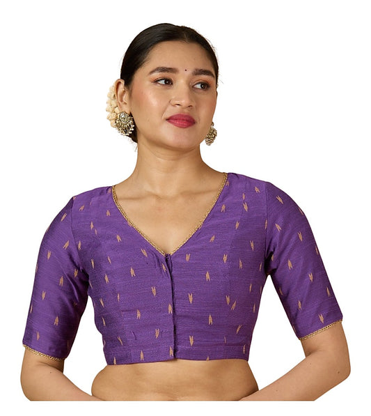 Purple Handloom Cotton Silk Readymade Blouse - V Neck with Elbow Sleeves front view