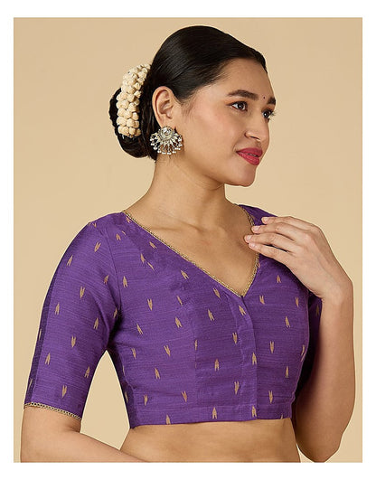 Purple Handloom Cotton Silk Readymade Blouse - V Neck with Elbow Sleeves
