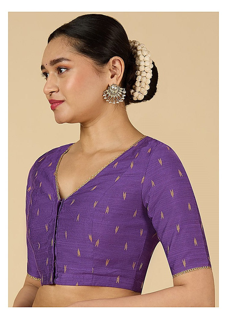 Purple Handloom Cotton Silk Readymade Blouse - V Neck with Elbow Sleeves