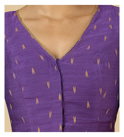 Purple Handloom Cotton Silk Readymade Blouse - V Neck with Elbow Sleeves