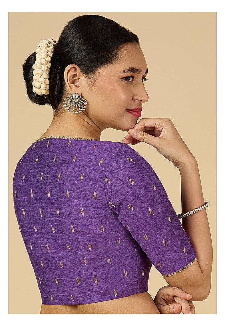 Purple Handloom Cotton Silk Readymade Blouse - V Neck with Elbow Sleeves