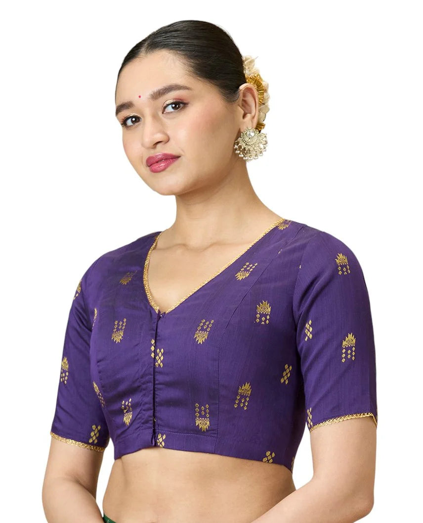 Women’s Purple Handloom Cotton Silk Readymade Saree Blouse | Elbow Sleeve | V-Neck