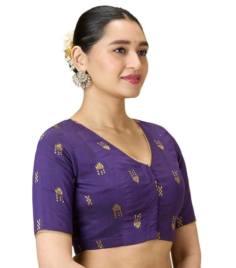 Women’s Purple Handloom Cotton Silk Readymade Saree Blouse | Elbow Sleeve | V-Neck