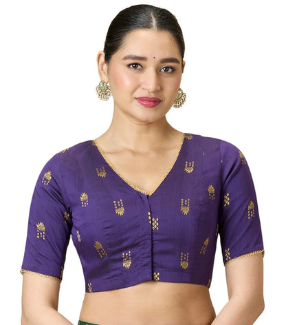 Women’s Purple Handloom Cotton Silk Readymade Saree Blouse | Elbow Sleeve | V-Neck