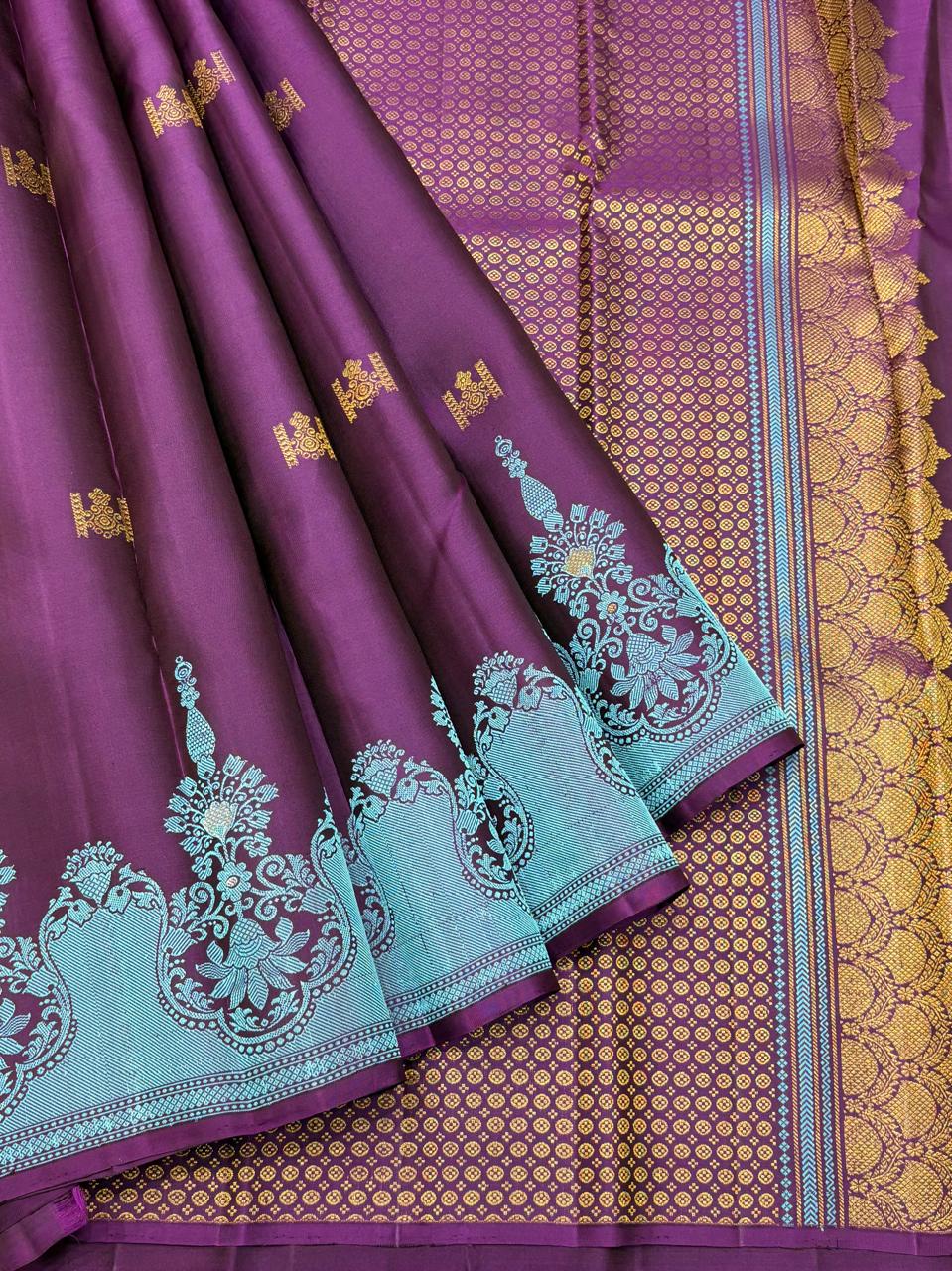 Purple Kanchipuram Pure Silk Saree with Aqua Zari Border & Gold Buttas – Handwoven & Silk Mark Certified
