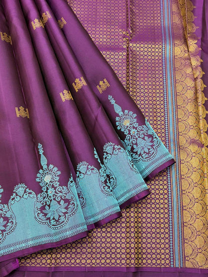 Purple Kanchipuram Pure Silk Saree with Aqua Zari Border & Gold Buttas – Handwoven & Silk Mark Certified