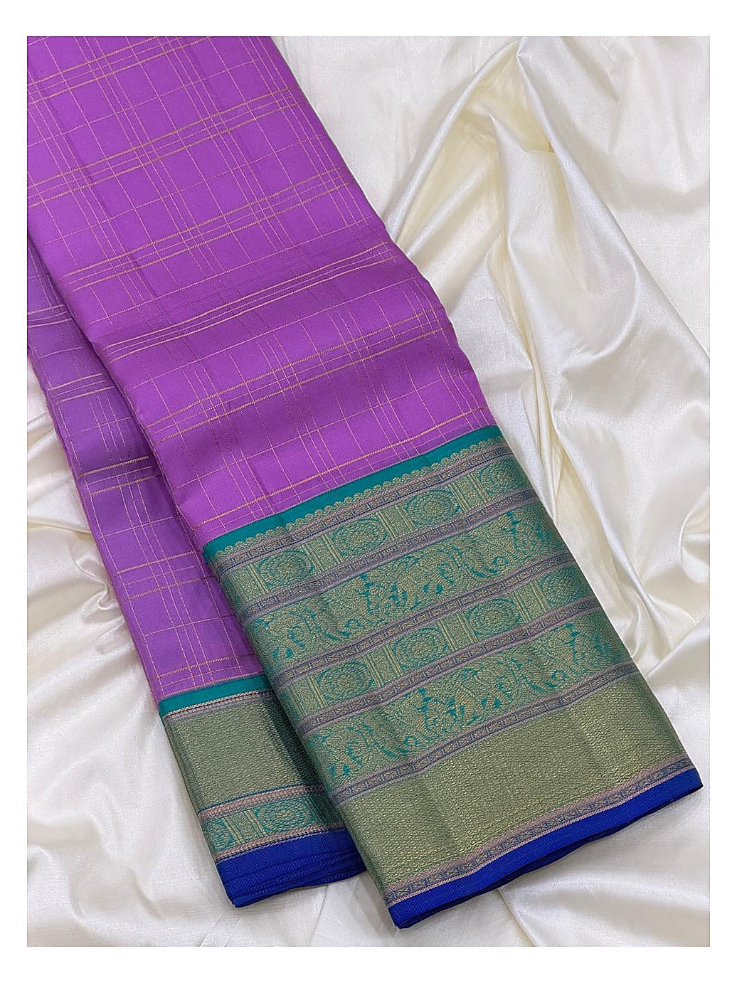 Purple Pure Silk Saree with Teal Bird Motif Border and Gold Check Body