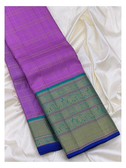 Purple Pure Silk Saree with Teal Bird Motif Border and Gold Check Body
