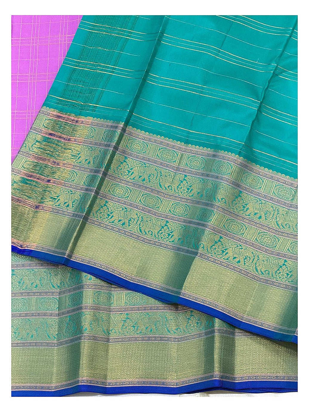 Purple Pure Silk Saree with Teal Bird Motif Border and Gold Check Body