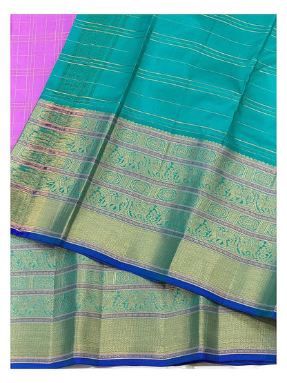 Purple Pure Silk Saree with Teal Bird Motif Border and Gold Check Body