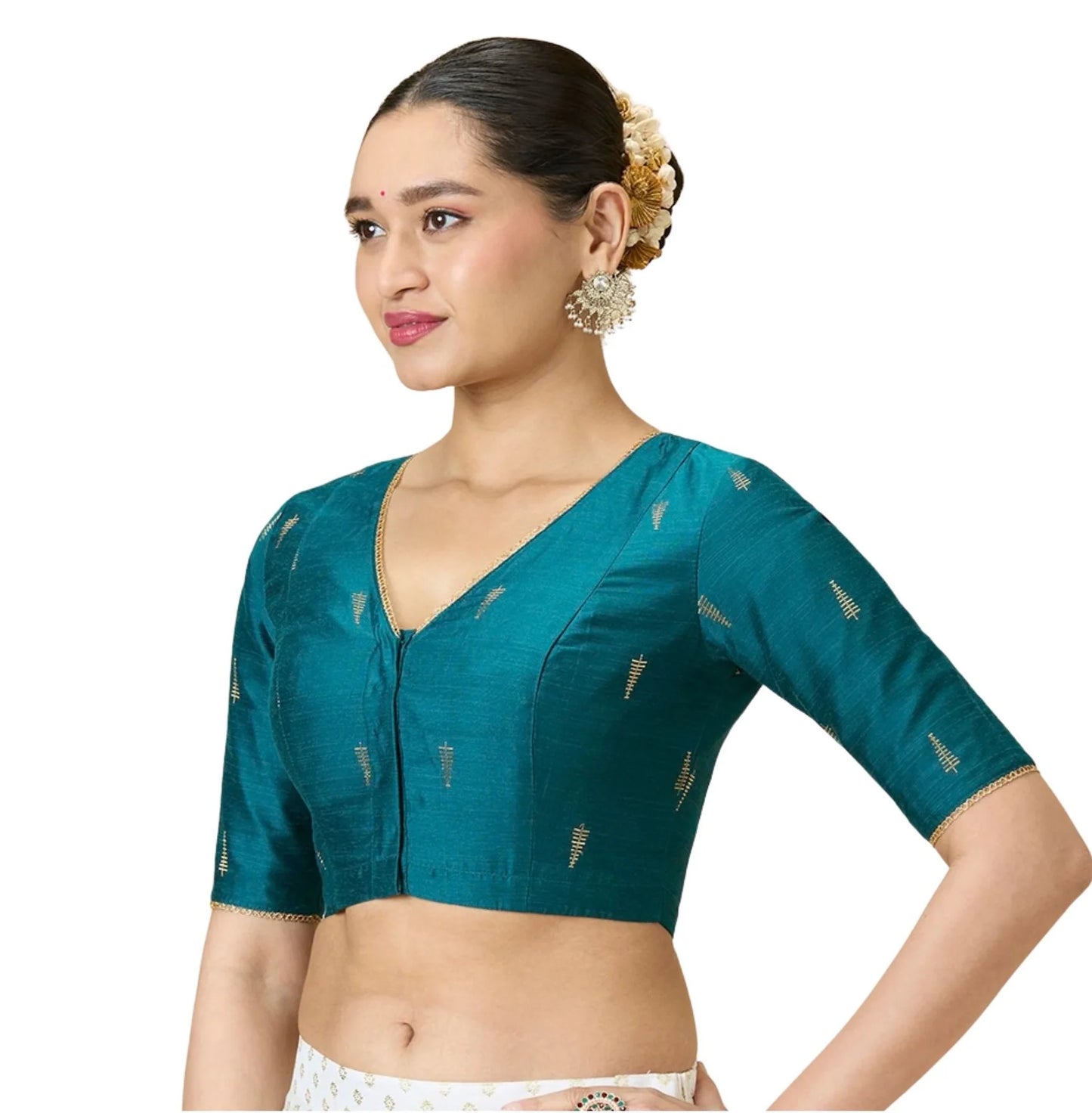Women’s Rama Green Cotton Silk Readymade Saree Blouse | Elbow Sleeve | V-Neck