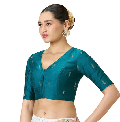 Women’s Rama Green Cotton Silk Readymade Saree Blouse | Elbow Sleeve | V-Neck
