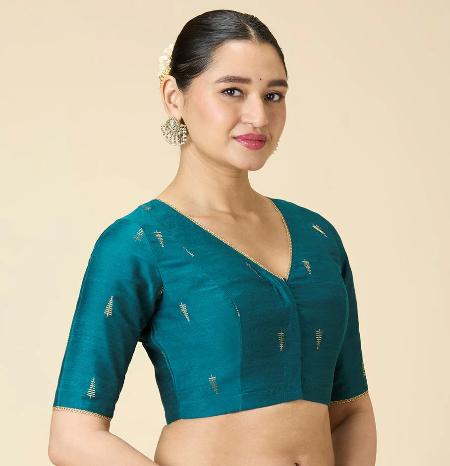 Women’s Rama Green Cotton Silk Readymade Saree Blouse | Elbow Sleeve | V-Neck