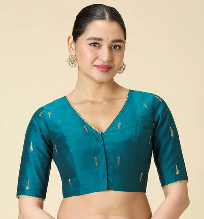 Women’s Rama Green Cotton Silk Readymade Saree Blouse | Elbow Sleeve | V-Neck