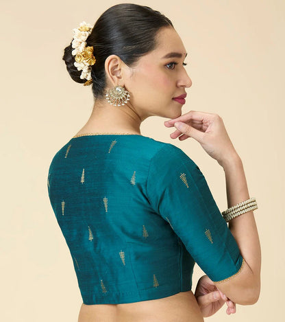 Women’s Rama Green Cotton Silk Readymade Saree Blouse | Elbow Sleeve | V-Neck