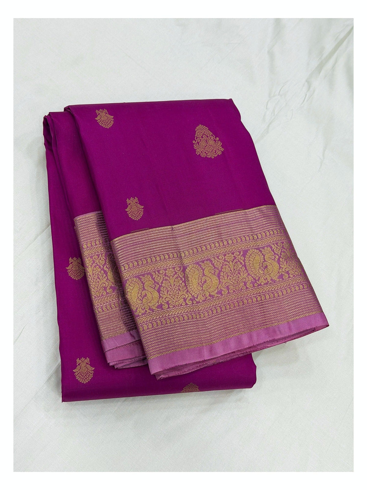 Rani Pink Pure Silk Saree with Gold Zari Border front view