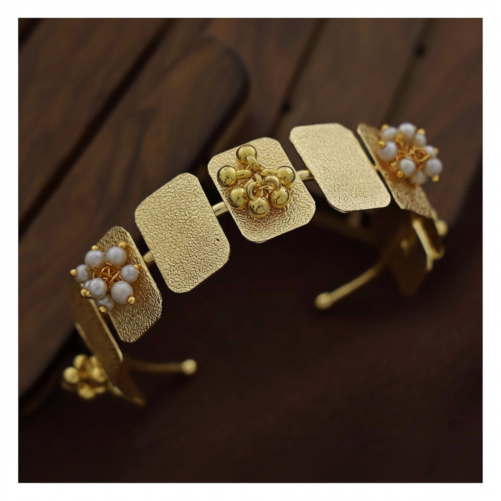 Rectangle Pearl and Ghungroo Bangle - Gold Tone Adjustable Cuff front view