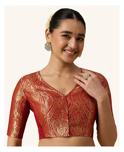 Red Benaras Brocade Readymade Blouse - V Neck Elbow Sleeves front view