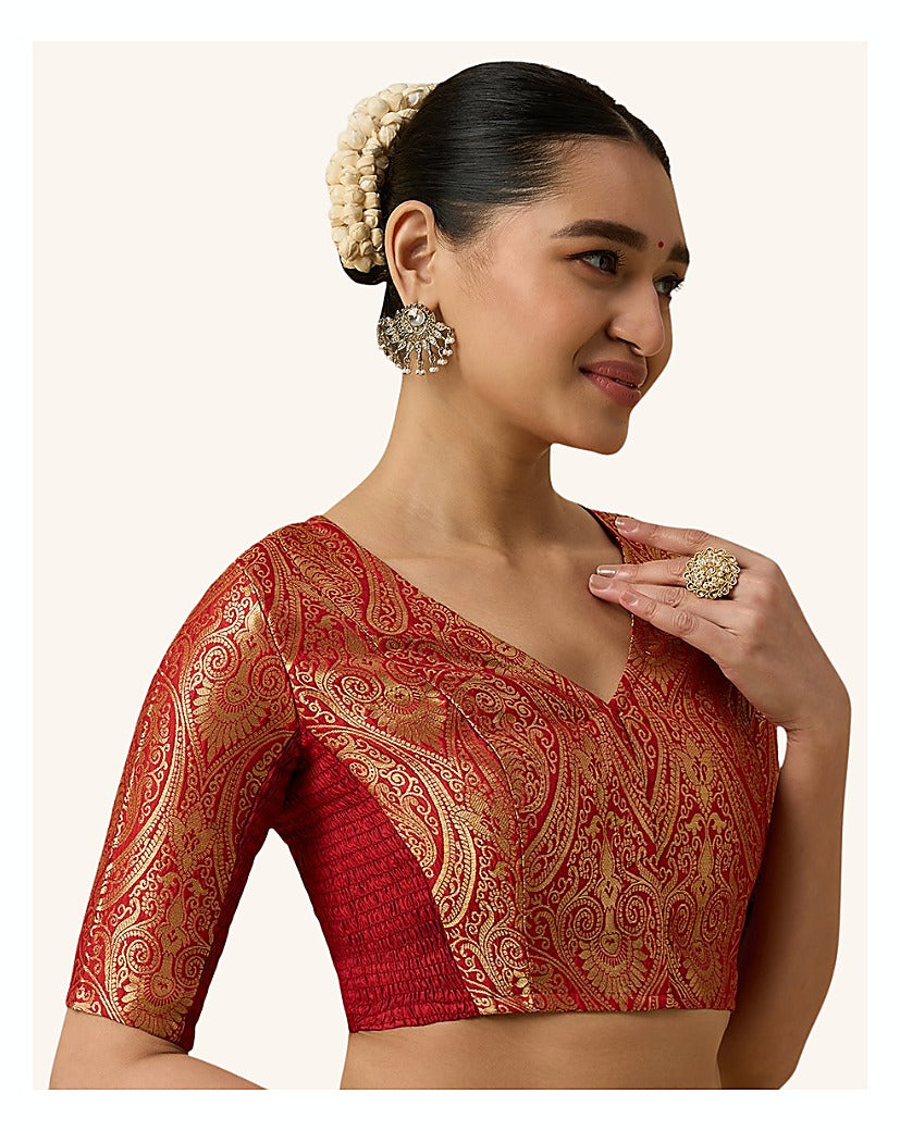 Red Benaras Brocade Readymade Blouse - V Neck Elbow Sleeves