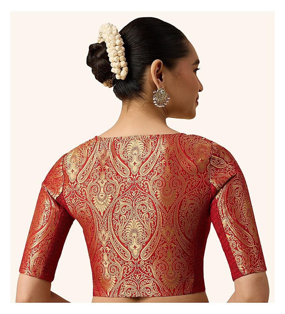 Red Benaras Brocade Readymade Blouse - V Neck Elbow Sleeves