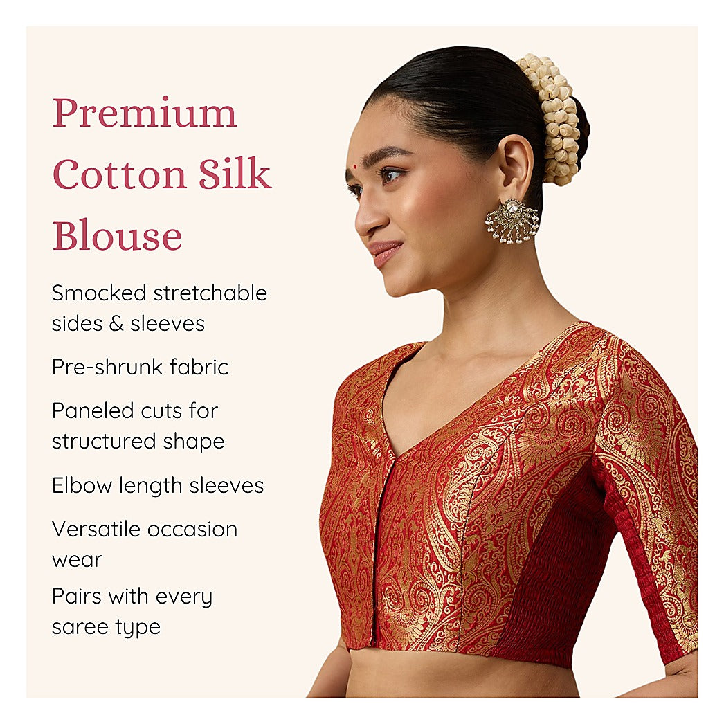 Red Benaras Brocade Readymade Blouse - V Neck Elbow Sleeves