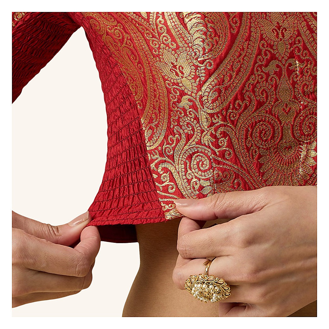 Red Benaras Brocade Readymade Blouse - V Neck Elbow Sleeves