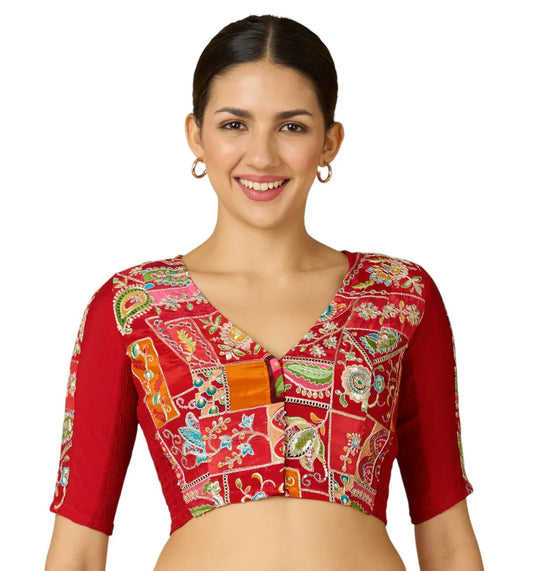Women’s Red Viscose Crepe Embroidered Stretchable (Smocked) Saree Blouse | Festive Readymade Blouse