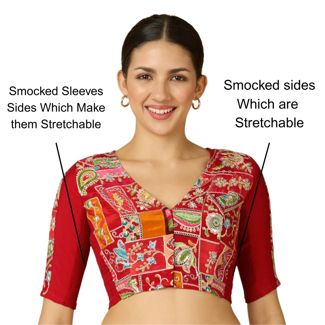 Women’s Red Viscose Crepe Embroidered Stretchable (Smocked) Saree Blouse | Festive Readymade Blouse