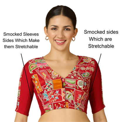 Women’s Red Viscose Crepe Embroidered Stretchable (Smocked) Saree Blouse | Festive Readymade Blouse