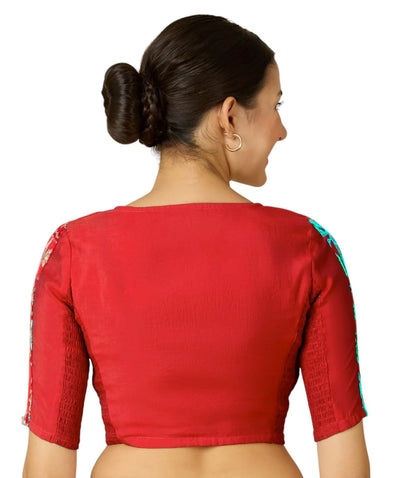 Women’s Red Viscose Crepe Embroidered Stretchable (Smocked) Saree Blouse | Festive Readymade Blouse
