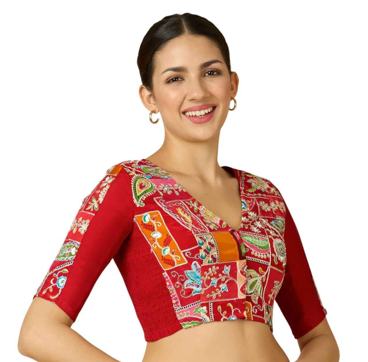 Women’s Red Viscose Crepe Embroidered Stretchable (Smocked) Saree Blouse | Festive Readymade Blouse