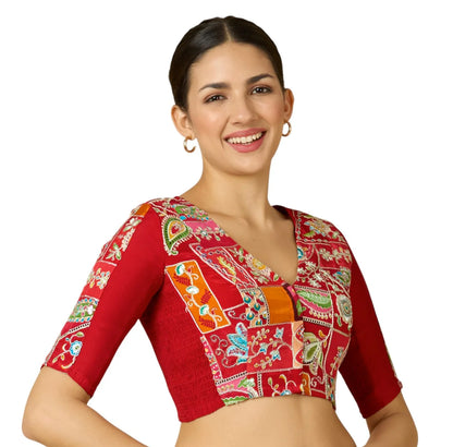 Women’s Red Viscose Crepe Embroidered Stretchable (Smocked) Saree Blouse | Festive Readymade Blouse