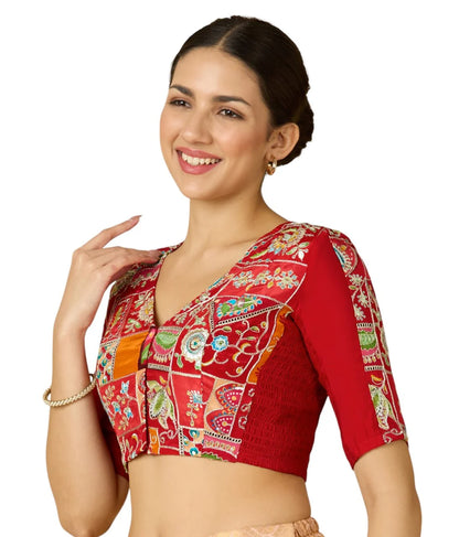 Women’s Red Viscose Crepe Embroidered Stretchable (Smocked) Saree Blouse | Festive Readymade Blouse