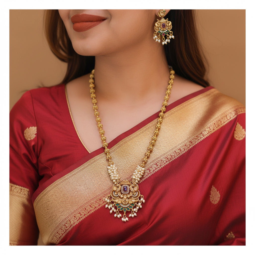 Rice Pearl Statement Necklace Set - Antique Gold Tone with Matching Earrings front view