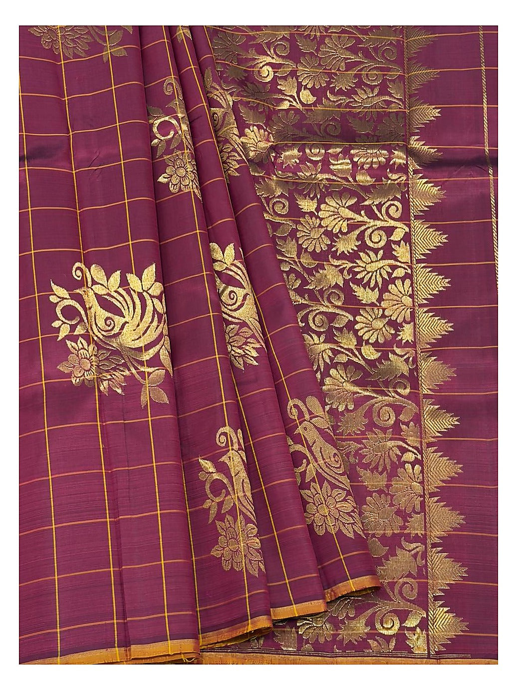 Rich Magenta Handwoven Kanchipuram Silk Saree with Gold Peacock Butta Checks and Floral Zari Pallu front view