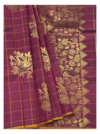Rich Magenta Handwoven Kanchipuram Silk Saree with Gold Peacock Butta Checks and Floral Zari Pallu front view