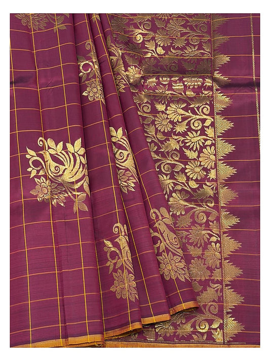 Rich Magenta Handwoven Kanchipuram Silk Saree with Gold Peacock Butta Checks and Floral Zari Pallu front view