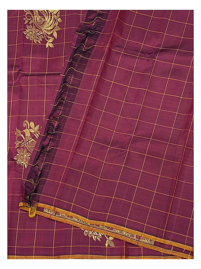 Rich Magenta Handwoven Kanchipuram Silk Saree with Gold Peacock Butta Checks and Floral Zari Pallu front view