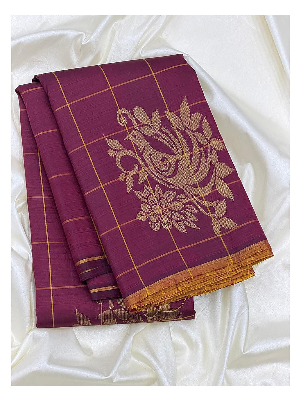 Rich Magenta Handwoven Kanchipuram Silk Saree with Gold Peacock Butta Checks and Floral Zari Pallu