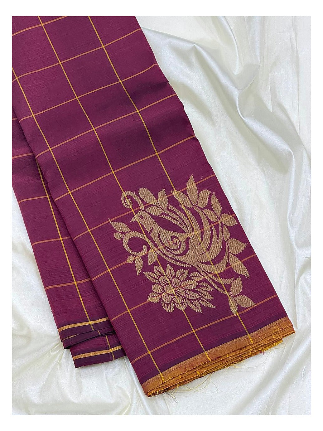 Rich Magenta Handwoven Kanchipuram Silk Saree with Gold Peacock Butta Checks and Floral Zari Pallu