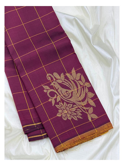 Rich Magenta Handwoven Kanchipuram Silk Saree with Gold Peacock Butta Checks and Floral Zari Pallu