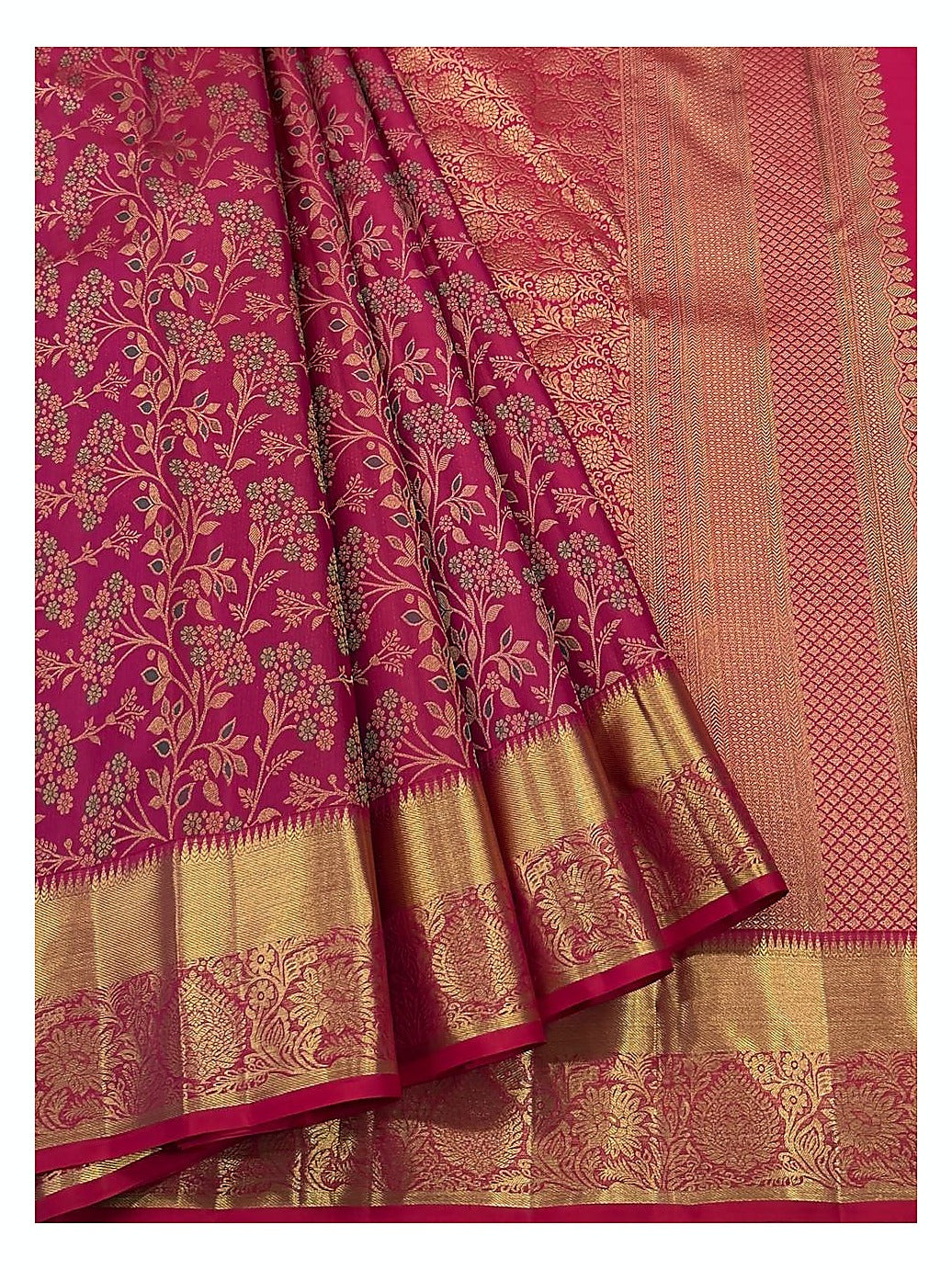 Rose Pink Handwoven Kanchipuram Silk Saree with Gold Floral Vine Weave and Antique Zari Border front view