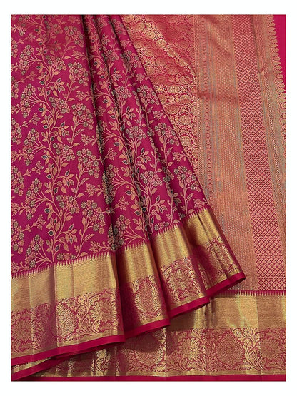 Rose Pink Handwoven Kanchipuram Silk Saree with Gold Floral Vine Weave and Antique Zari Border front view