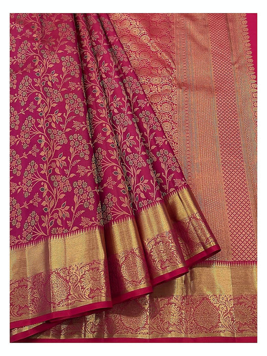 Rose Pink Handwoven Kanchipuram Silk Saree with Gold Floral Vine Weave and Antique Zari Border front view