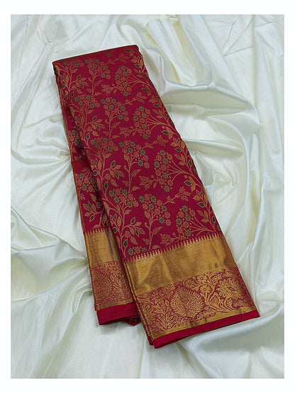 Rose Pink Handwoven Kanchipuram Silk Saree with Gold Floral Vine Weave and Antique Zari Border