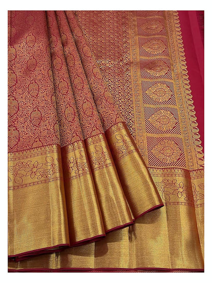 Rose Pink Handwoven Kanchipuram Silk Saree with Gold Floral Weave and Antique Zari Border