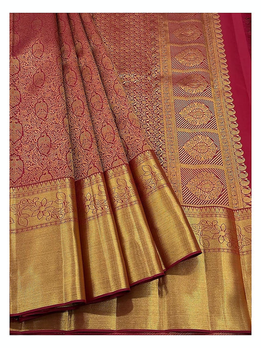 Rose Pink Handwoven Kanchipuram Silk Saree with Gold Floral Weave and Antique Zari Border
