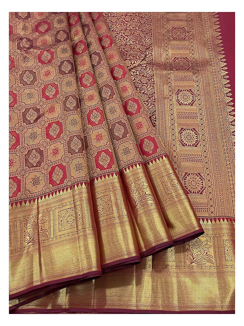 Rose Pink Handwoven Kanchipuram Silk Saree with Gold Geometric Butta Weave and Antique Zari Border front view