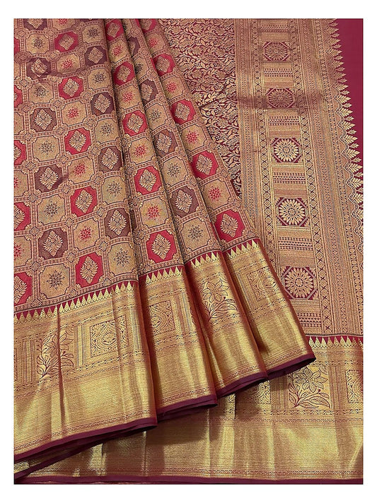 Rose Pink Handwoven Kanchipuram Silk Saree with Gold Geometric Butta Weave and Antique Zari Border front view
