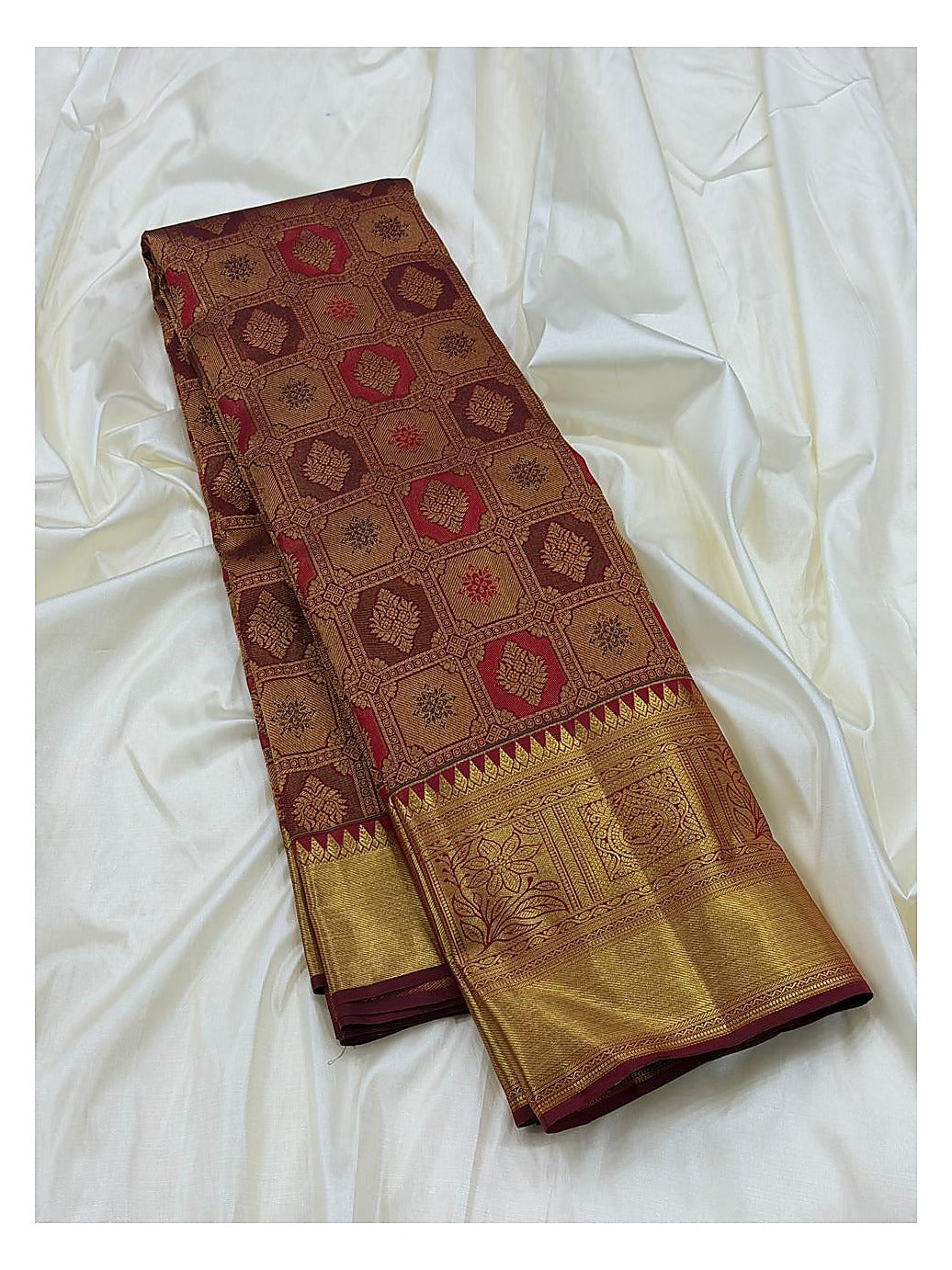 Rose Pink Handwoven Kanchipuram Silk Saree with Gold Geometric Butta Weave and Antique Zari Border
